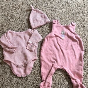 GAP Pink Baby Bodysuit, Overalls and Hat Set